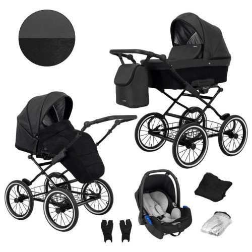 Kunert ROMANTIC 3in1 Multifunktionaler Retro-Kinderwagen - Schwarzes ECO-Leder (schwarzer Rahmen)