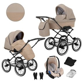   Kunert ROMANTIC 3in1 Multifunktionaler Retro-Kinderwagen - Cappucino ECO Leder (schwarzes Gestell)