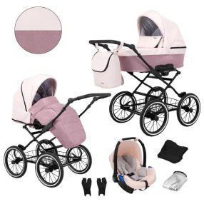   Kunert ROMANTIC 3in1 Multifunktions-Retro-Kinderwagen - Pink ECO Leather (schwarzer Rahmen)
