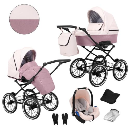 Kunert ROMANTIC 3in1 Multifunktions-Retro-Kinderwagen - Pink ECO Leather (schwarzer Rahmen)
