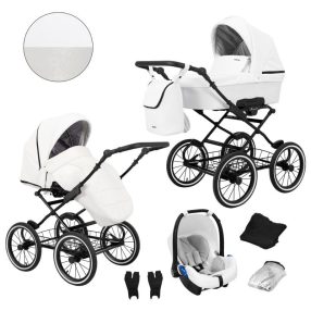   Kunert ROMANTIC 3in1 Multifunktions-Retro-Kinderwagen - Weißes ECO-Leder (schwarzer Rahmen)