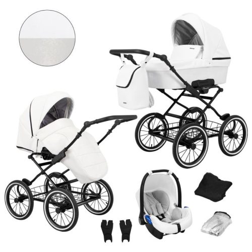 Kunert ROMANTIC 3in1 Multifunktions-Retro-Kinderwagen - Weißes ECO-Leder (schwarzer Rahmen)