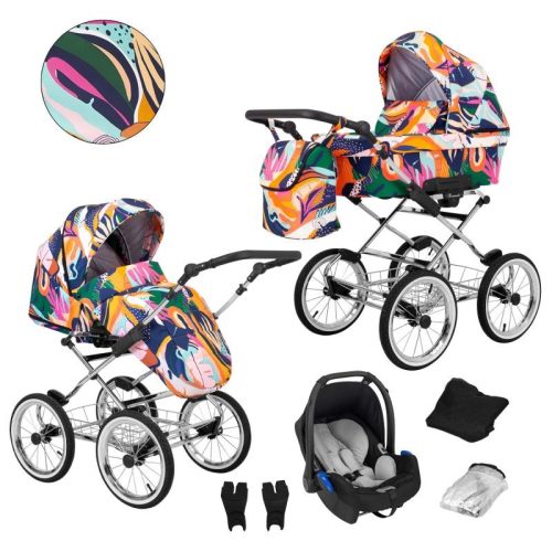 Kunert ROMANTIC Exclusive 3in1 Multifunktions-Retro-Kinderwagen - Regenbogen (silbernes Gestell)