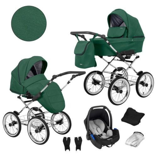 Kunert ROMANTIC Exclusive 3in1 Multifunktions-Retro-Kinderwagen - Grün (silberner Rahmen)