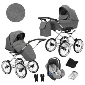   Kunert ROMANTIC Exclusive 3in1 Multifunktions-Retro-Kinderwagen - Grau (silbernes Gestell)