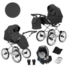   Kunert ROMANTIC Exclusive 3in1 Multifunktions-Retro-Kinderwagen - Dunkelgrau (silberner Rahmen)