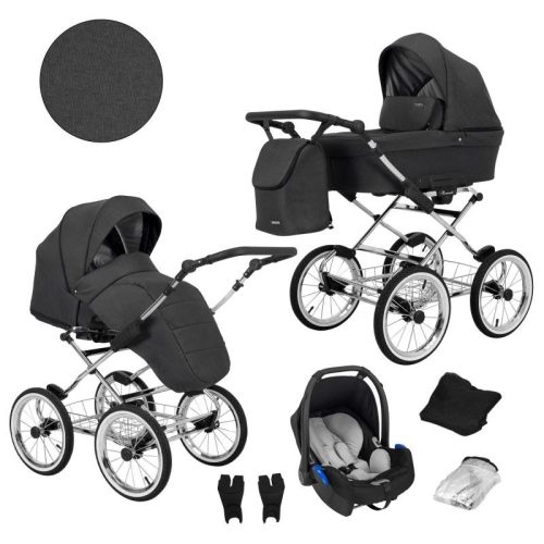 Kunert ROMANTIC Exclusive 3in1 Multifunktions-Retro-Kinderwagen - Dunkelgrau (silberner Rahmen)