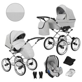   Kunert ROMANTIC Exclusive 3in1 Multifunktions-Retro-Kinderwagen - Hellgraues ECO-Leder (silberner Rahmen)
