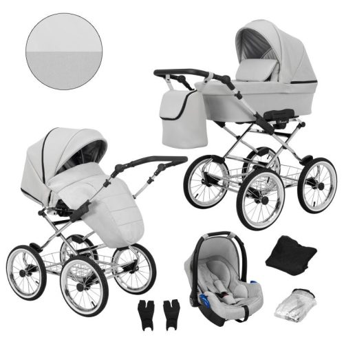 Kunert ROMANTIC Exclusive 3in1 Multifunktions-Retro-Kinderwagen - Hellgraues ECO-Leder (silberner Rahmen)