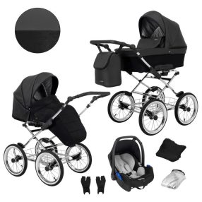   Kunert ROMANTIC Exclusive 3in1 Multifunktions-Retro-Kinderwagen - Schwarzes ECO-Leder (silbernes Gestell)