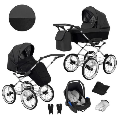 Kunert ROMANTIC Exclusive 3in1 Multifunktions-Retro-Kinderwagen - Schwarzes ECO-Leder (silbernes Gestell)