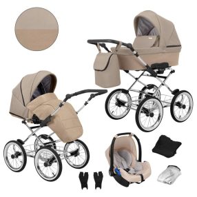   Kunert ROMANTIC Exclusive 3in1 Multifunktions-Retro-Kinderwagen - Cappucino ECO Leder (silbernes Gestell)