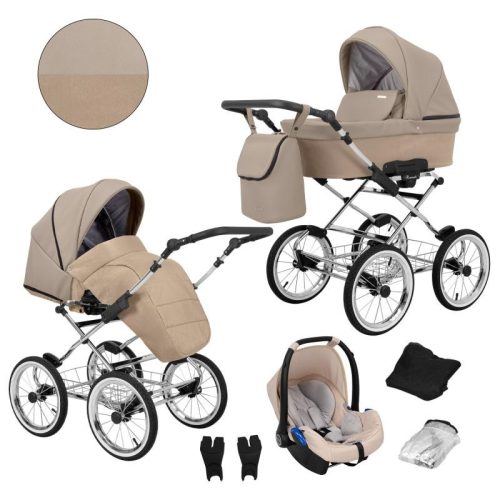 Kunert ROMANTIC Exclusive 3in1 Multifunktions-Retro-Kinderwagen - Cappucino ECO Leder (silbernes Gestell)