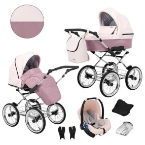   Kunert ROMANTIC Exklusiver 3in1 Multifunktions-Retro-Kinderwagen - Pink ECO Leder (silbernes Gestell)