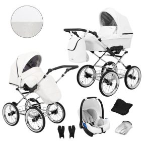   Kunert ROMANTIC Exclusive 3in1 Multifunktionaler 3in1 Retro Kinderwagen - Weißes ECO-Leder (silberner Rahmen)