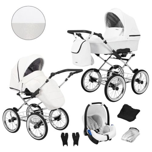 Kunert ROMANTIC Exclusive 3in1 Multifunktionaler 3in1 Retro Kinderwagen - Weißes ECO-Leder (silberner Rahmen)