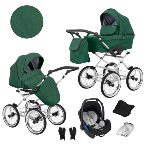 Kunert ROMANTIC 3in1 Multifunktionaler Retro-Kinderwagen - Grün (graues Gestell)