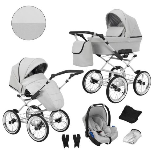 Kunert ROMANTIC 3in1 Multifunktionaler Retro-Kinderwagen - Hellgrau ECO-Leder (graues Gestell)