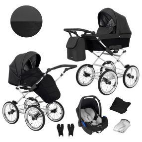   Kunert ROMANTIC 3in1 Multifunktionaler Retro-Kinderwagen - Schwarzes ECO-Leder (graues Gestell)
