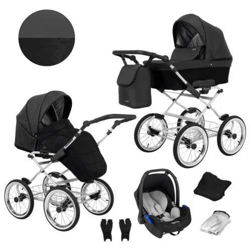 Kunert ROMANTIC 3in1 Multifunktionaler Retro-Kinderwagen - Schwarzes ECO-Leder (graues Gestell)
