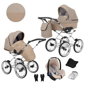   Kunert ROMANTIC 3in1 Multifunktionaler Retro-Kinderwagen - Cappucino ECO Leder (graues Gestell)