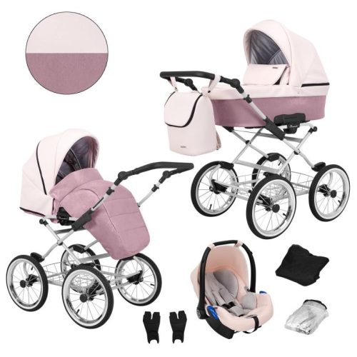 Kunert ROMANTIC 3in1 Multifunktions-Retro-Kinderwagen - Pink ECO Leder (graues Gestell)