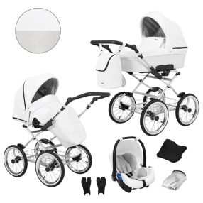  Kunert ROMANTIC 3in1 Multifunktionaler Retro-Kinderwagen - Weißes ECO-Leder (graues Gestell)