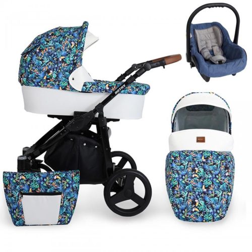 Kunert ROTAX 3in1 multifunktionaler Kinderwagen - Blaues Muster (Tukan Vogel) - schwarzes Gestell