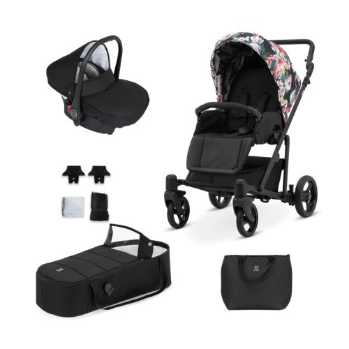 Kunert ROY 3in1 multifunktionaler Kinderwagen - Schwarz/Blume - schwarzes Gestell