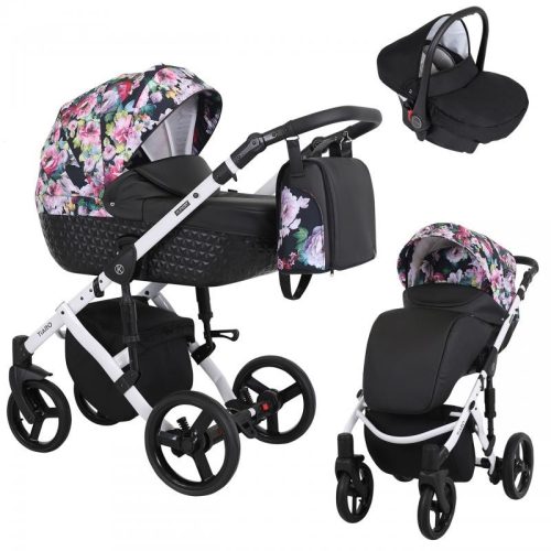 Kunert TIARO 3in1 Multifunktionskinderwagen - Schwarz/blumig (weißes Gestell)
