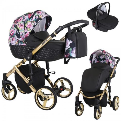 Kunert TIARO Premium 3in1 Multifunktionskinderwagen - Schwarz/blumig (goldener Rahmen)