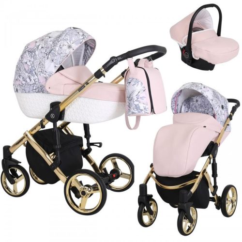 Kunert TIARO Premium 3in1 Multifunktionskinderwagen - Pink/Flower (goldenes Gestell)