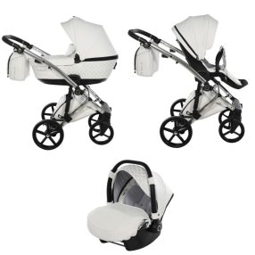   Tako Laret Imperial New ECO-Leder 3in1 Multifunktions-Kinderwagen - Weiß (silberner Rahmen)
