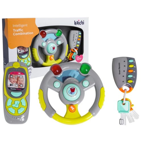 Interaktív autós szett 12 hónapnál +: kormánykerék + távirányító kulcsokkal + telefon + hangok és fényeffektusok