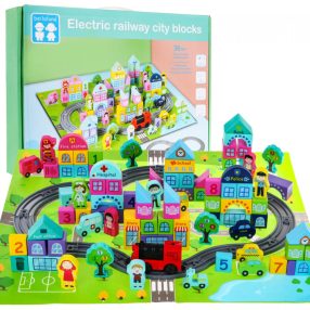   Drewniane Klocki "Moje Miasto" dla dzieci 3+ Zestaw 107 el. + Mata miasta + Tory kolejkowe + Pociąg
