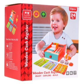   Drewniana Kasa sklepowa dla dzieci 2+ Wysuwana szuflada + Liczydło + Terminal + Czytnik + Akcesoria