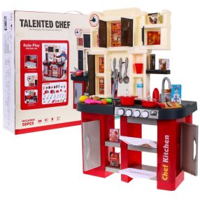   Interaktywna bordowa Kuchnia dla dzieci 3+ Palniki z dźwiękiem i światłem + Kran z wodą + Akcesoria 58 el.