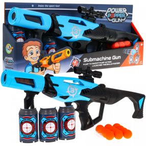   Duży Pistolet dla dzieci 6+ Ręczny mechanizm wystrzału + 12 Kulek z pianki + 3 atrapy Puszek