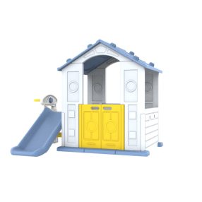   Domek Ogrodowy 3w1 dla dzieci Niebieski Dach + Zjeżdżalnia + Koszykówka