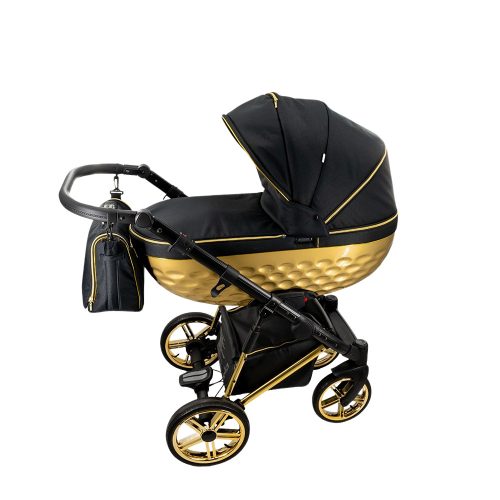 Adbor OX-V 3d kinderwagen 3in1 - schwarz-gold mit goldenem Rahmen